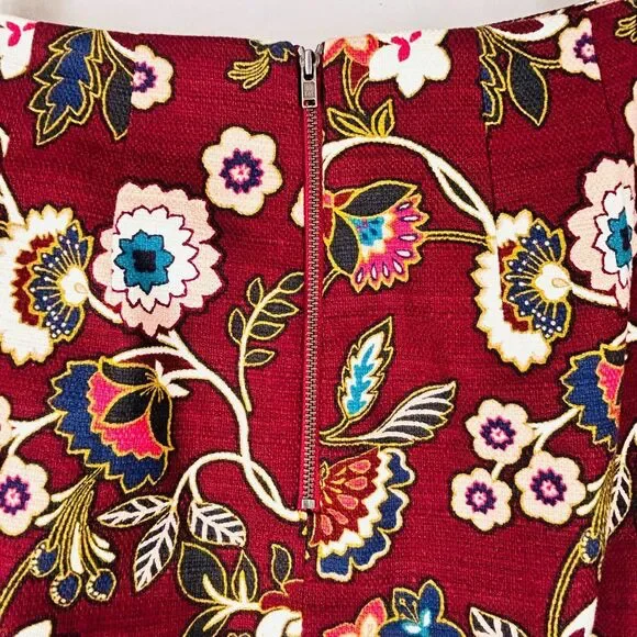 Ann Taylor Skirt 6 Burgundy White Bold Floral Linen Texture Cotton Stretch - Picture 5 of 7